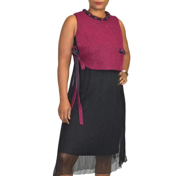 Midi Dress Red Two Tone Overlay Vest Black Mixed Texture Sheer Colorblock Small - Picture 1 of 15